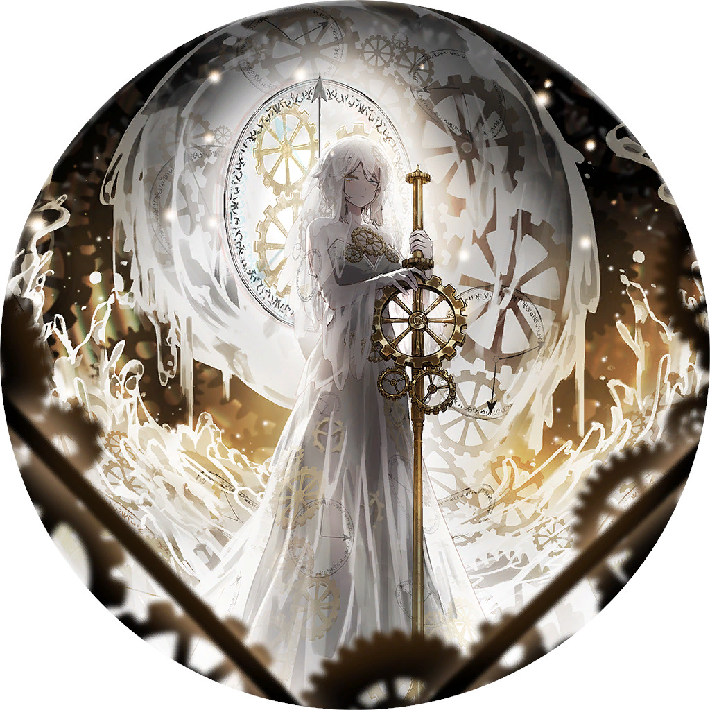 Woman in white dress facing large ornate clock with golden light and mystical symbols