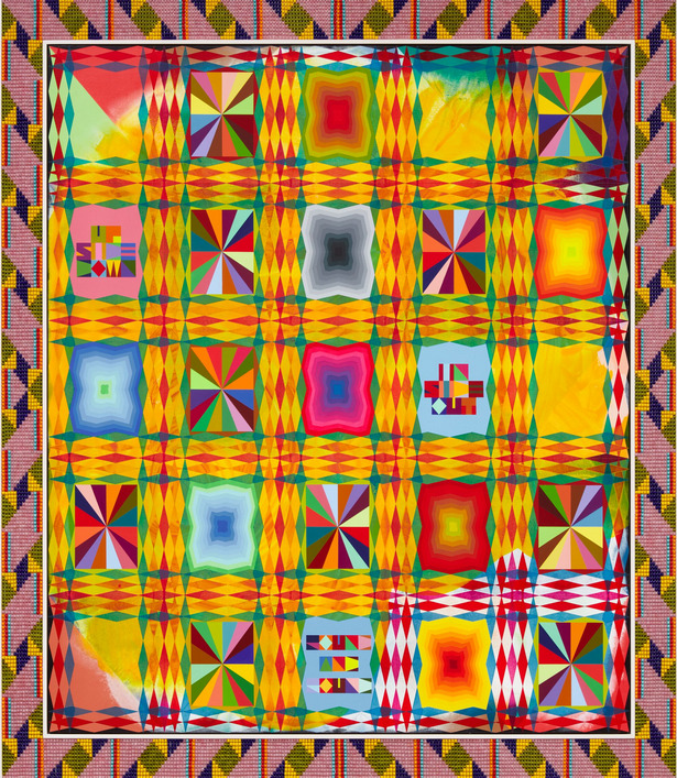 Colorful geometric textile artwork by Jeffrey Gibson with pinwheel patterns and bright yellow, red, and green hues