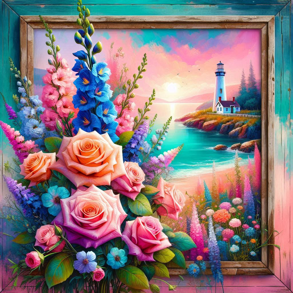 Floral Frame Lighthouse Painting