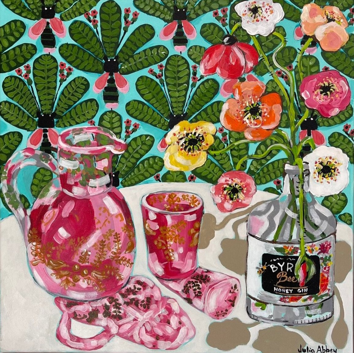 Colorful painting of flowers in pink jug with bees, glass, and honey jar against tropical leaf backdrop
