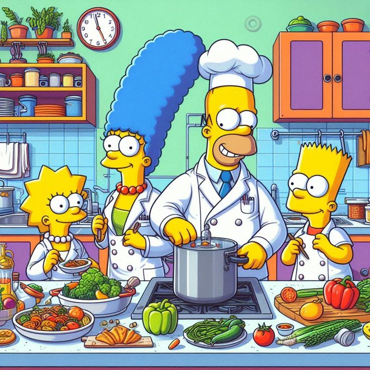 Simpsons family cooking in kitchen with Homer wearing chef hat, surrounded by food and colorful cabinets