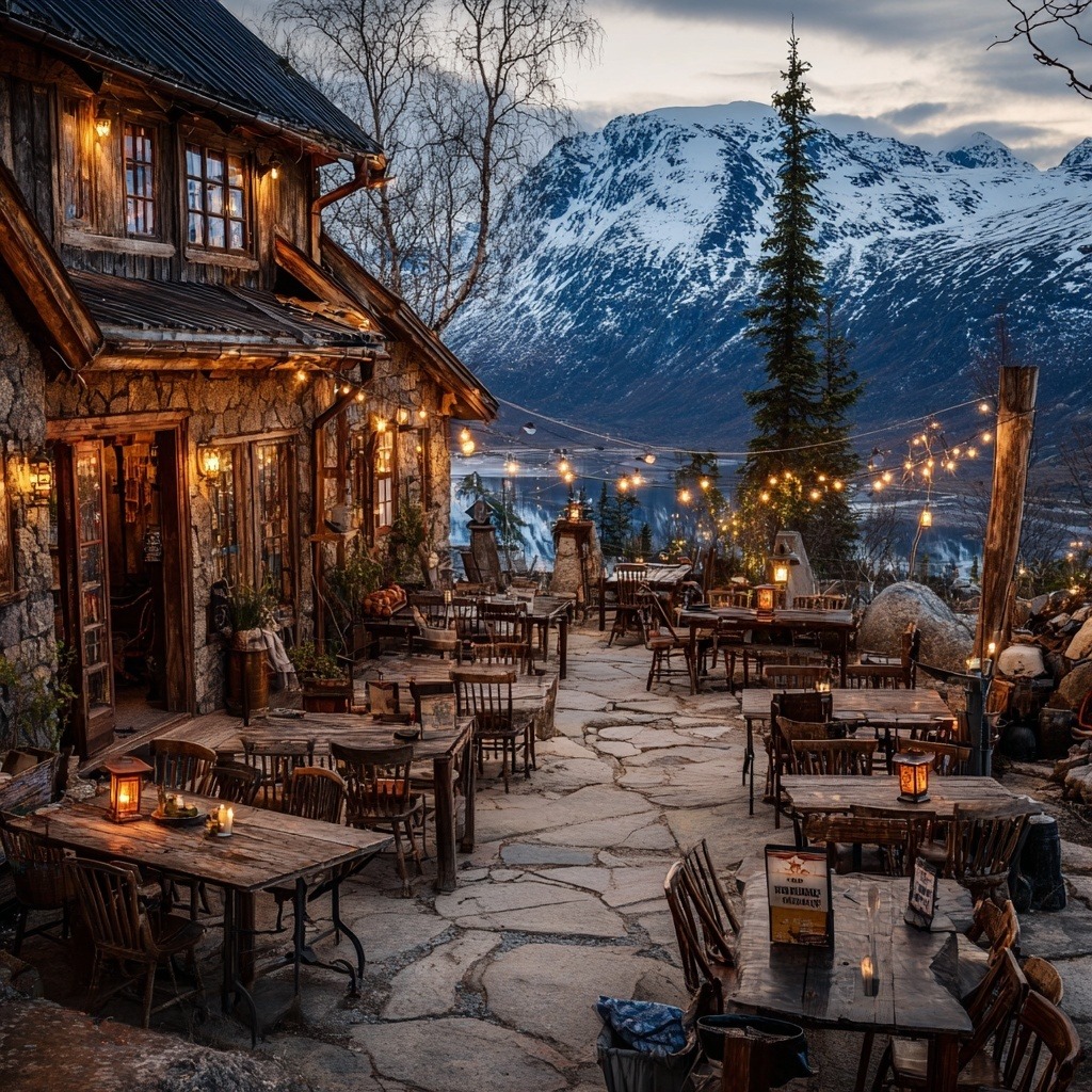 Rustic outdoor cafe terrace with tables, lights, and snowy mountains behind