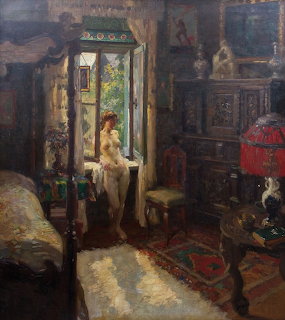 Impressionist painting of woman in doorway of ornate Victorian room with sunlight streaming in