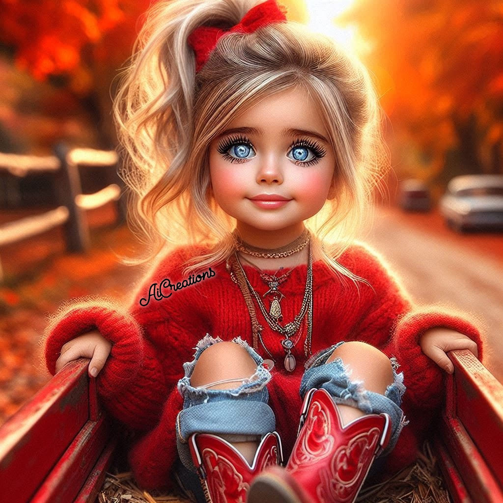 Doll-like little girl sitting in a red wagon on an autumn road with red sweater and cowboy boots