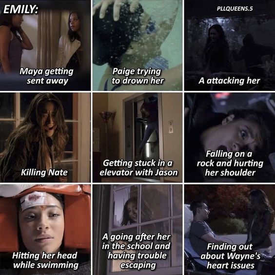 3x3 collage of dark dramatic scenes with white caption text on each panel