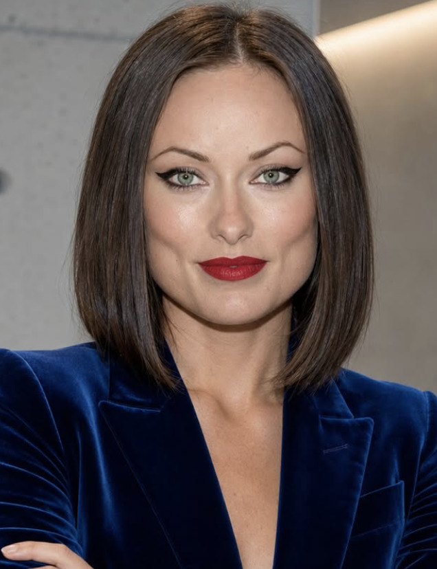 Woman with green eyes, dark bob hair, and red lipstick in a blue velvet blazer