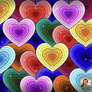 Multiple colorful hearts with concentric rings in rainbow colors arranged in a repeating pattern on blue background