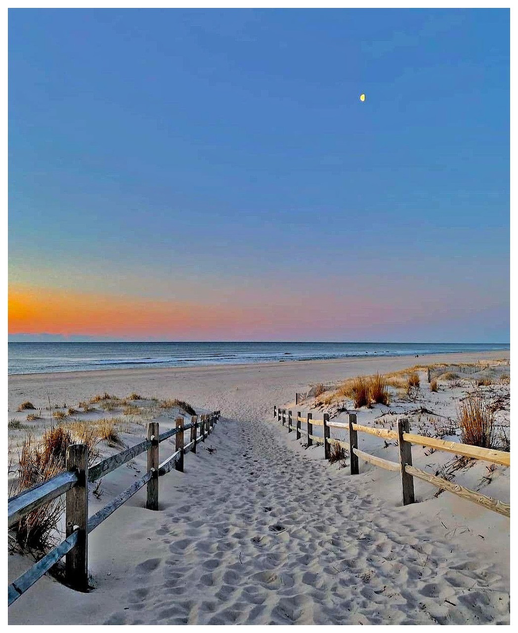 Sandy beach path with wooden fence leading to the ocean at dusk with crescent moon in blue sky