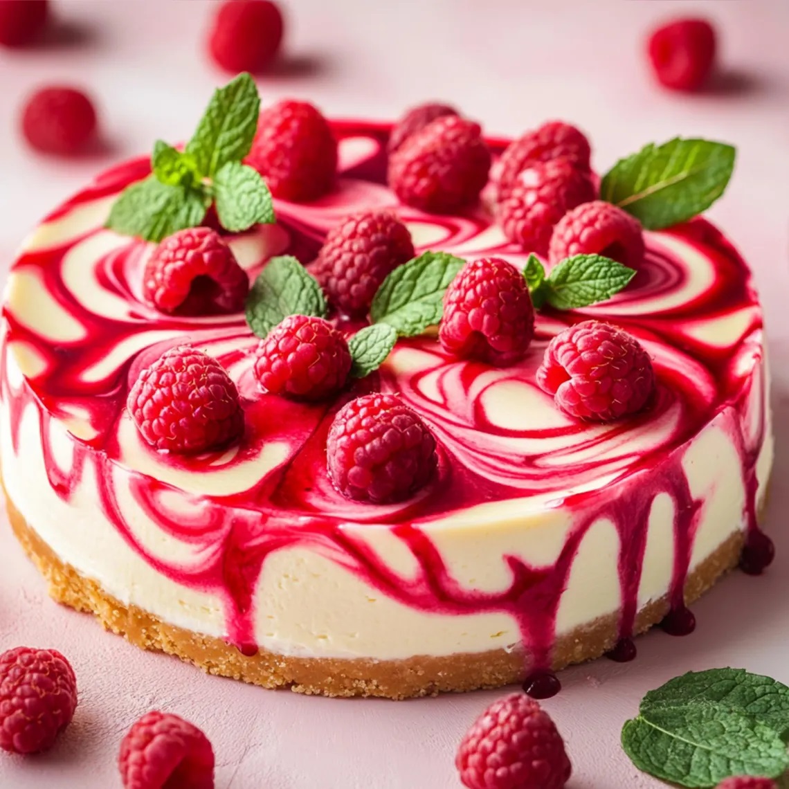 Round cheesecake decorated with raspberry swirl pattern, fresh raspberries, and mint leaves on white cream surface