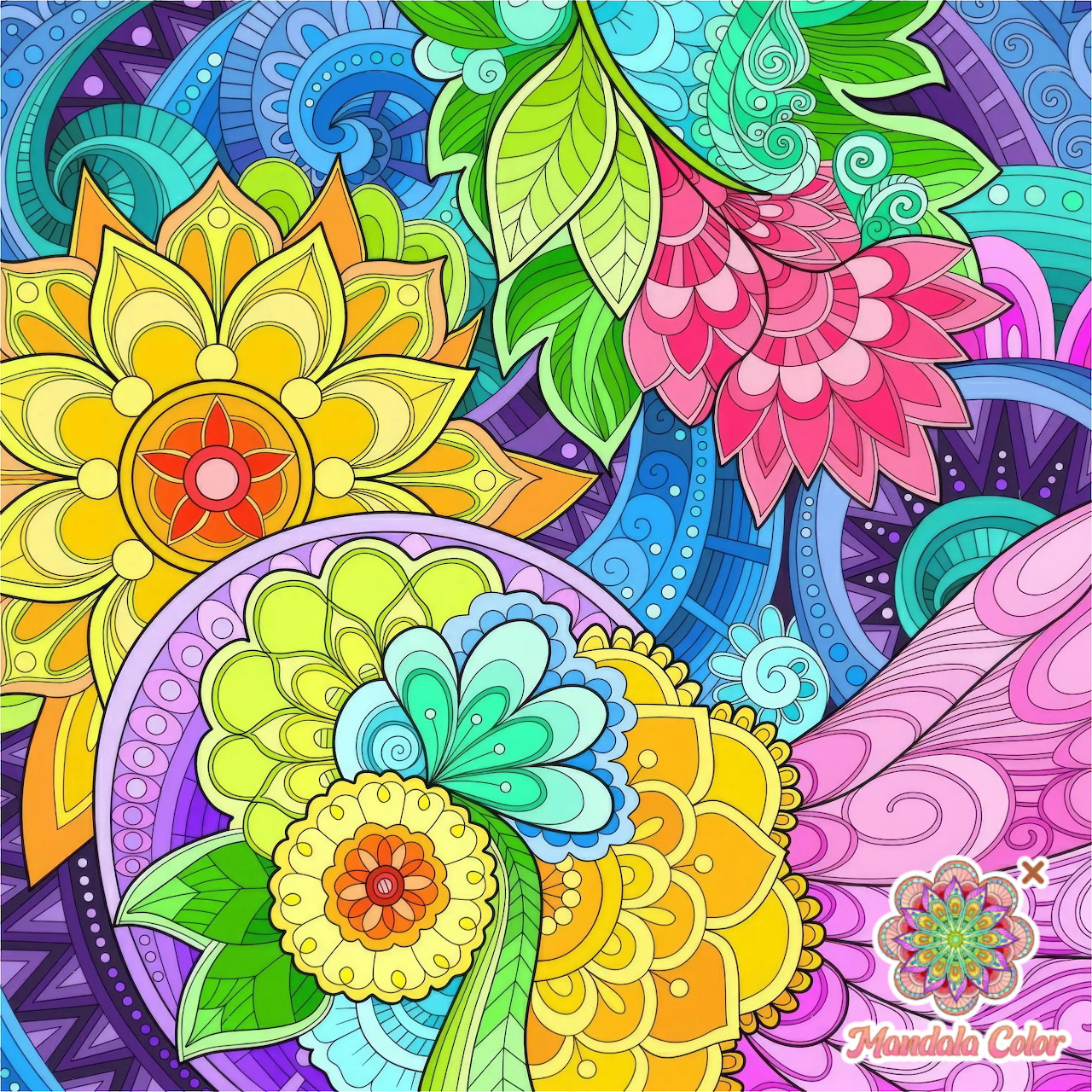 Vibrant pattern with tropical flowers, mandalas, and decorative swirls in blue, pink, yellow, and green