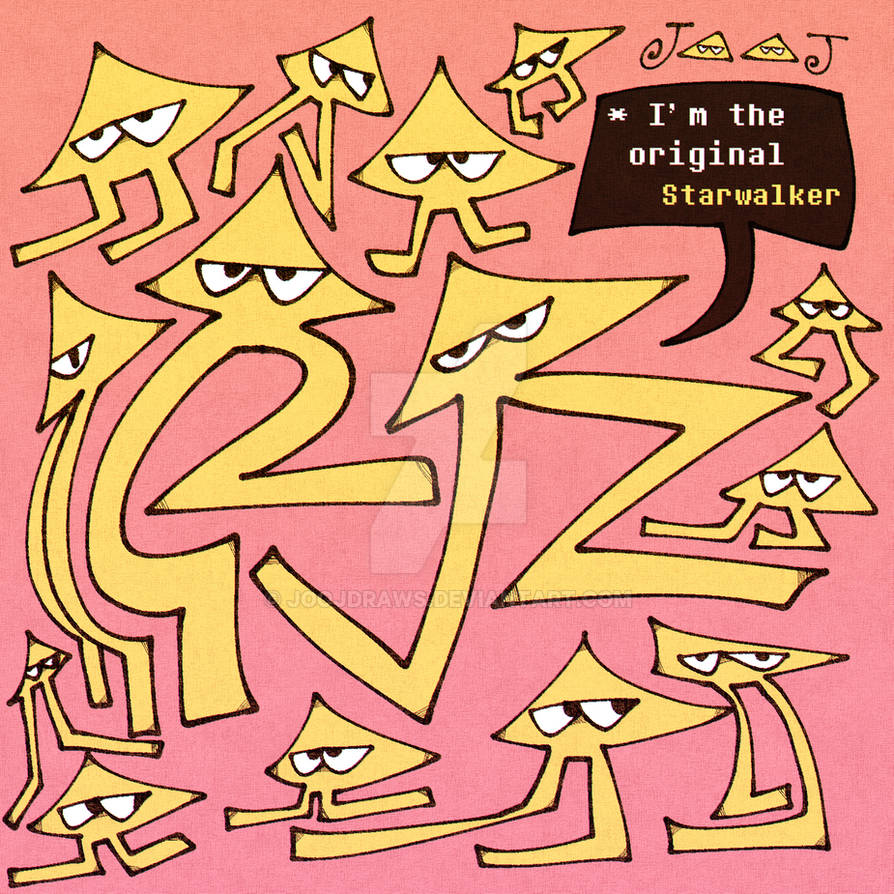 Yellow stylized star characters on a pink background with a black speech bubble