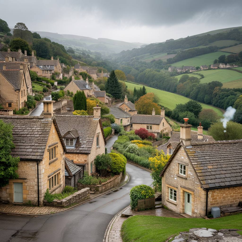 Aerial view of honey-colored stone cottages in an English village surrounded by green hills and misty valleys