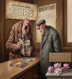Cartoon illustration of two men at an adventure tours desk, one yawning while reading a brochure