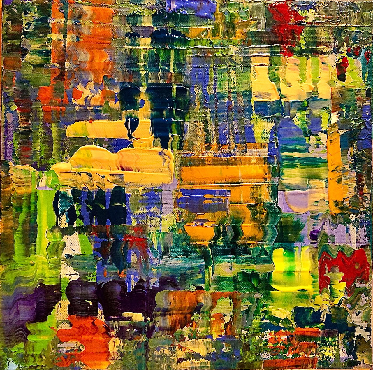 Abstract painting with vibrant multicolored brushstrokes and textured layers in yellow, blue, green, orange, and red