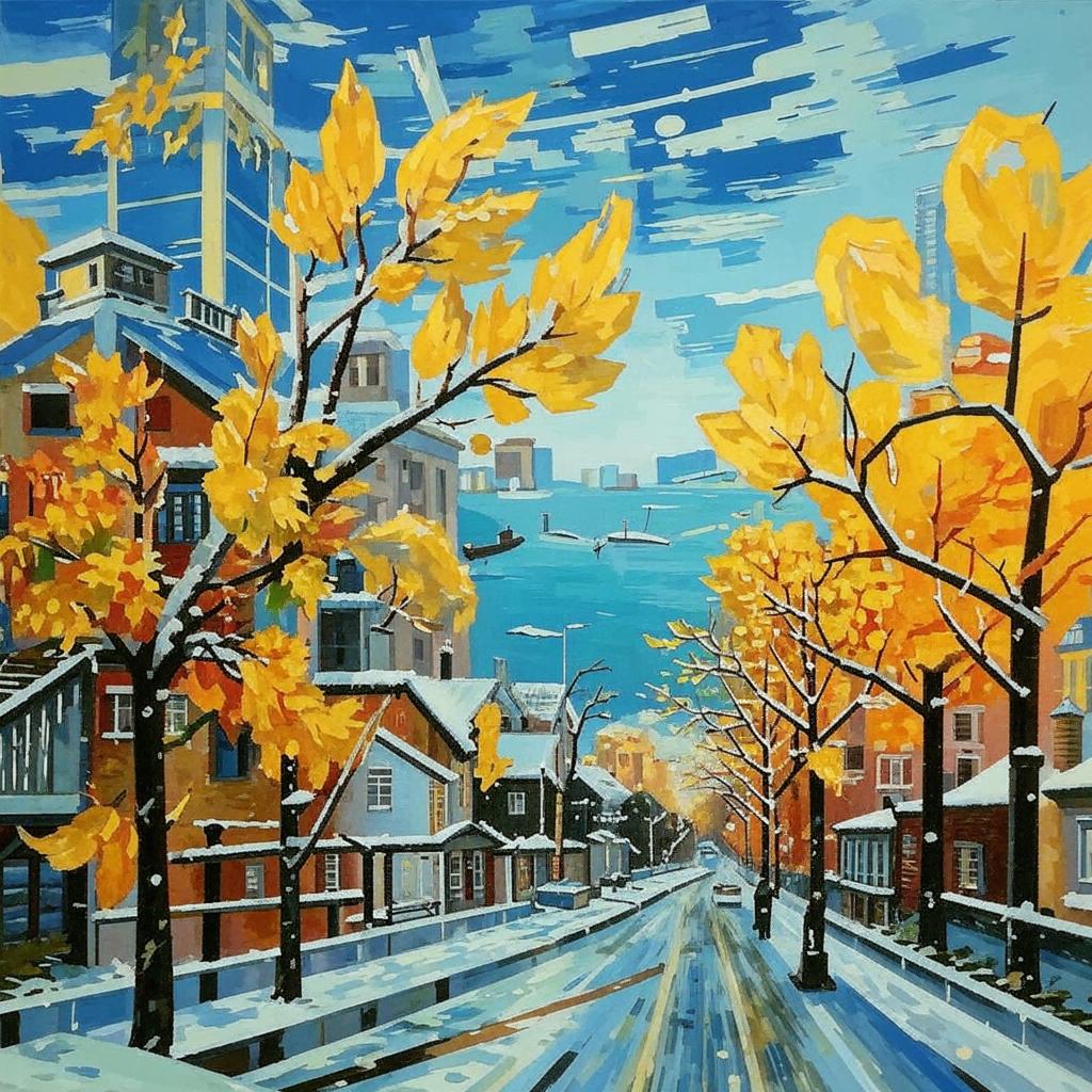 Painting of a snowy street with houses, yellow trees, and a blue waterfront city skyline