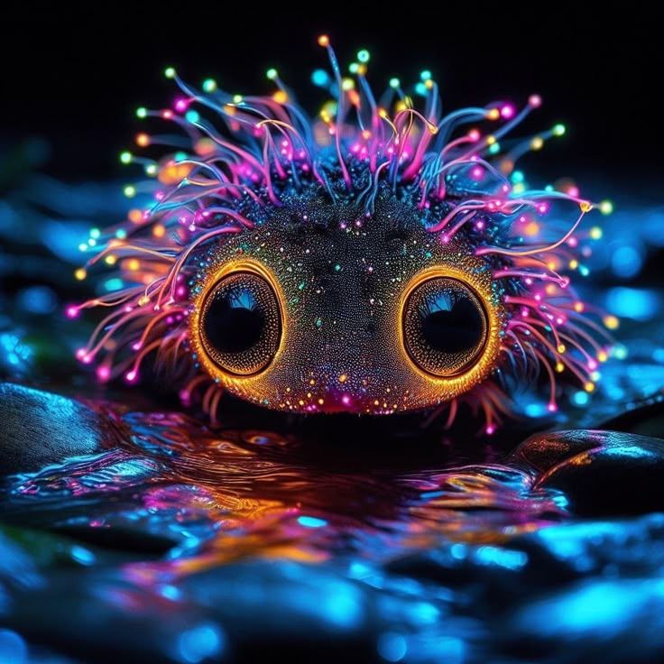 Glowing axolotl-like fantasy creature with big eyes and neon frills on reflective water