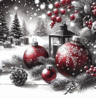 Red Christmas ornaments with snowflakes, pine branches, lantern, and snowy background with trees