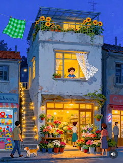 Illustrated evening scene of a cozy flower shop with glowing windows, rooftop sunflowers, and people on a charming street