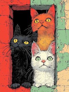 Three cats looking out from a colorful old window with peeling paint