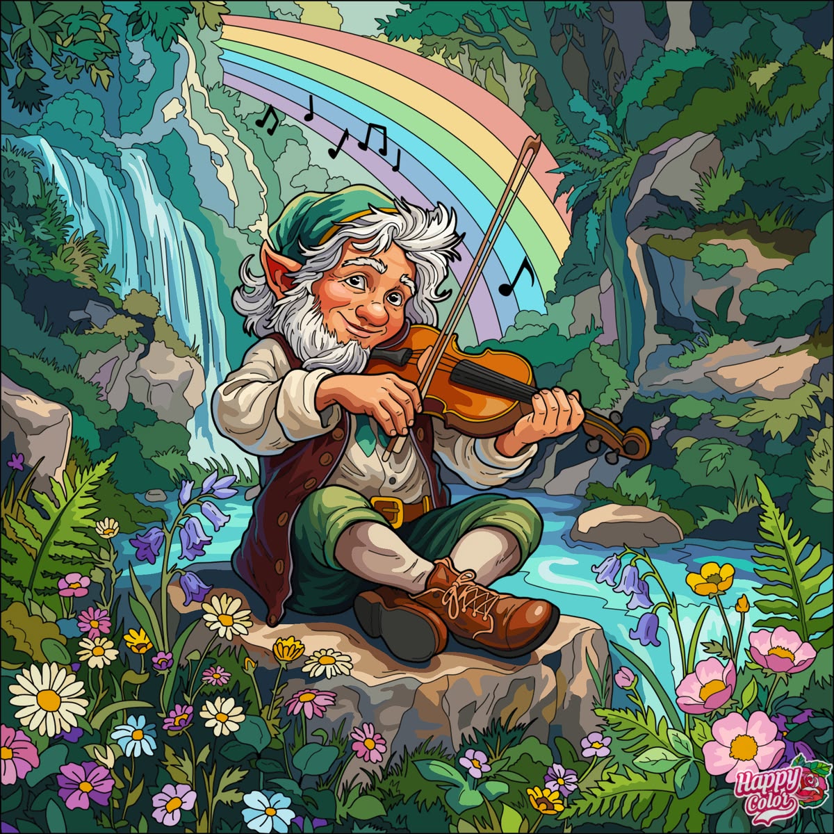 Cartoon gnome with white beard playing violin near waterfall and rainbow in magical forest with flowers