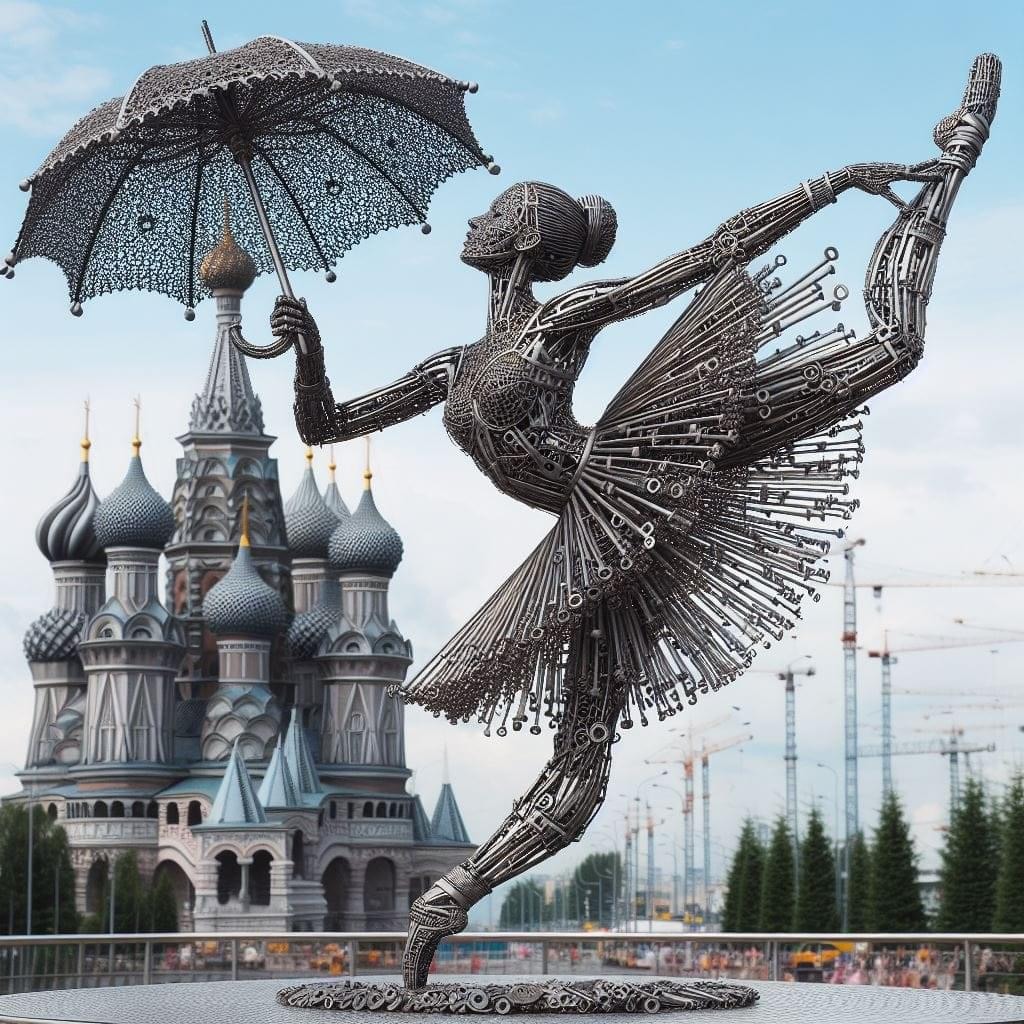 Metal ballet dancer statue with umbrella and wing-like dress against cathedral backdrop