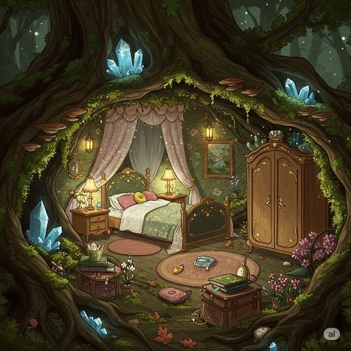 Illustration of a whimsical bedroom inside a tree trunk with moss, crystals, and magical forest elements