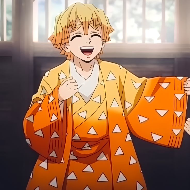 Anime boy with blonde hair in yellow kimono laughing happily