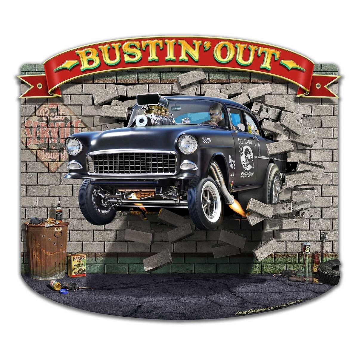 Black vintage hot rod car breaking through brick wall with red banner reading Bustin' Out