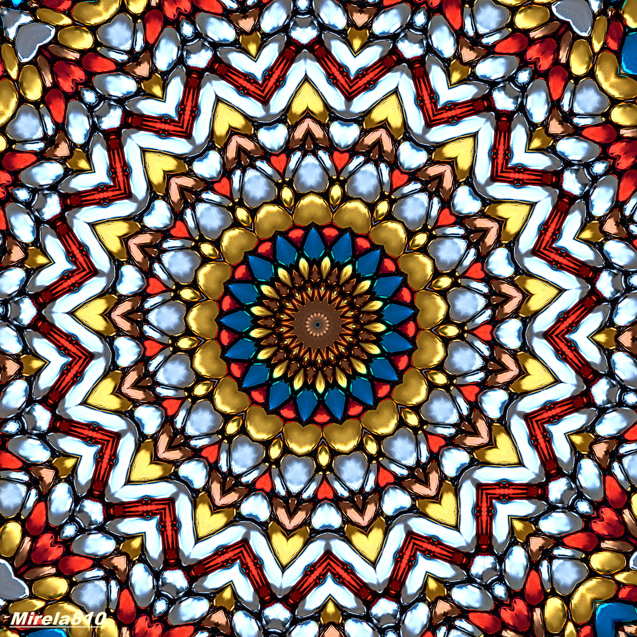 Colorful mandala with radial symmetry and geometric patterns in red, blue, yellow, and white