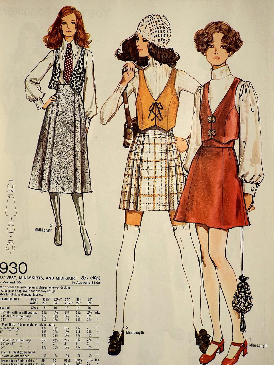 Vintage 1970s sewing pattern illustration of three women wearing vests and skirts in various styles