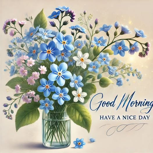 Blue flowers and wildflowers in glass vase with Good Morning text