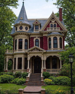 Ornate Victorian mansion with turret and pink decorative trim framed by trees