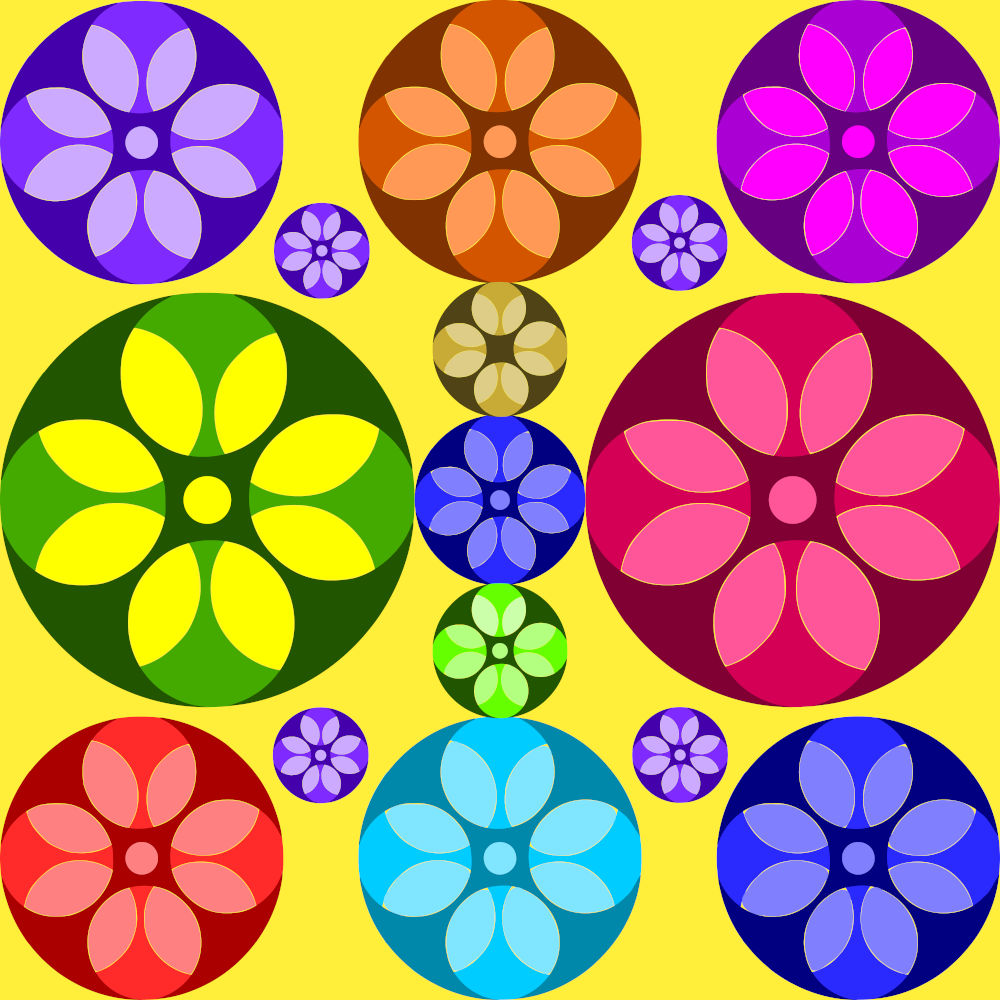 Grid of colorful circular flower designs on yellow background with rainbow hues