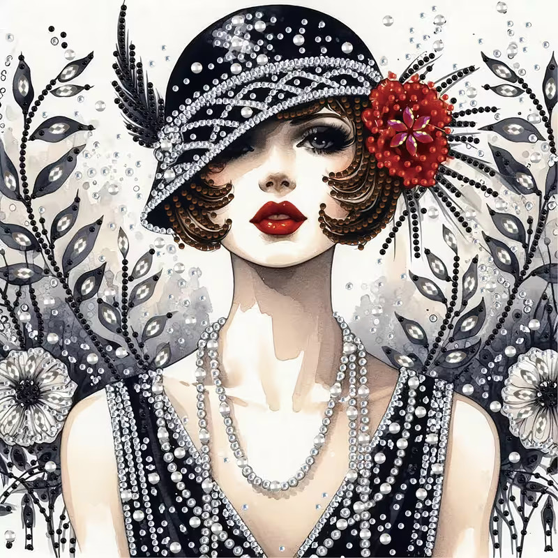 Vintage style illustration of elegant woman in ornate cloche hat with red flower and pearl necklaces framed by foliage