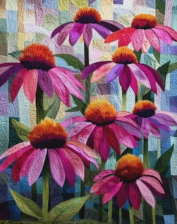 Quilted fabric art showing purple coneflowers with orange centers on colorful patchwork background