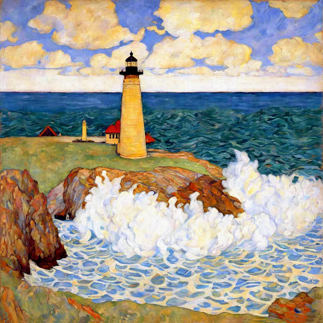 Impressionist painting of lighthouse on rocky coast with waves and cloudy sky