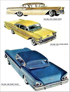 Vintage illustration of three 1958 Chevrolet Bel Air cars in gold, yellow, and blue on white background