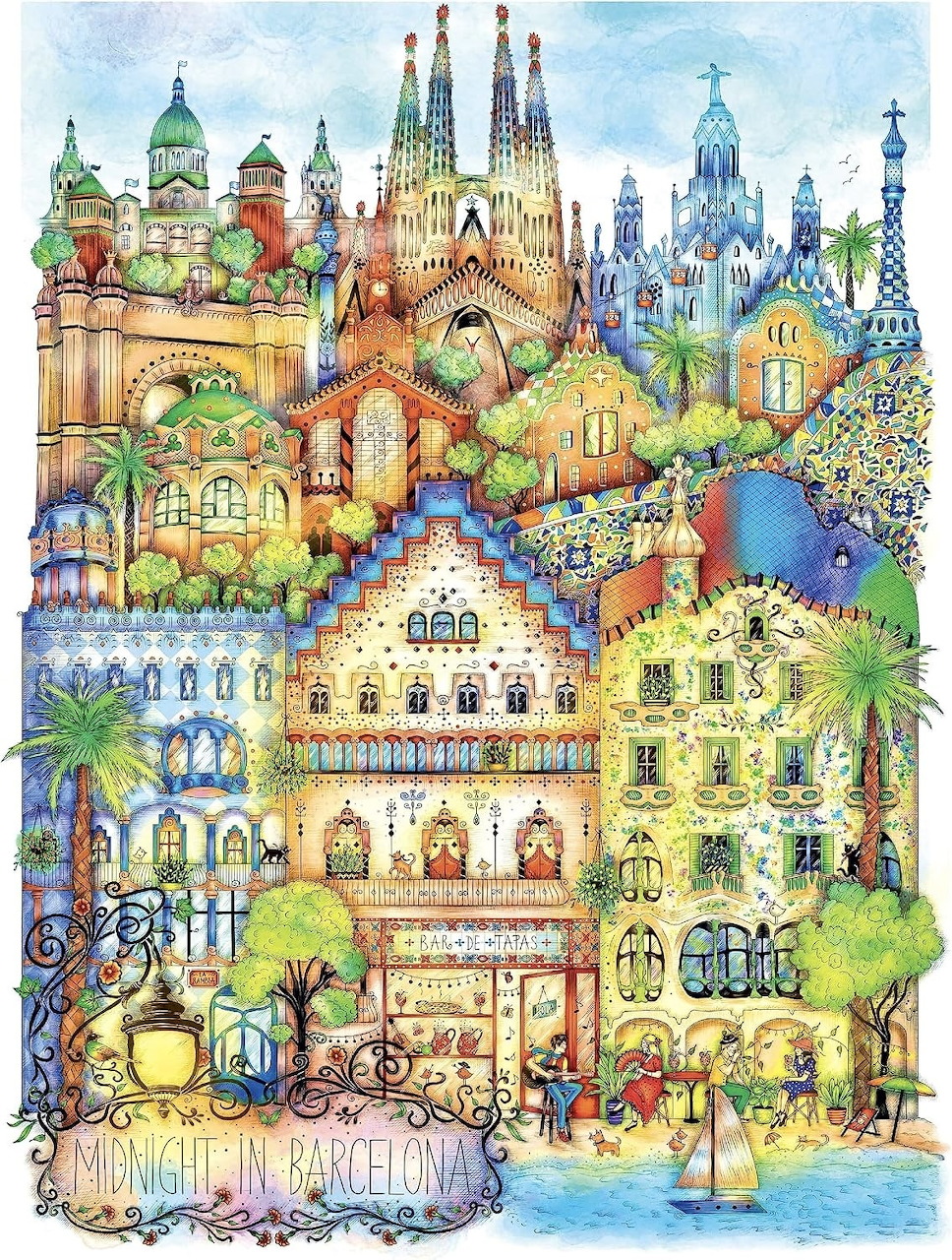 Colorful whimsical illustration of a Barcelona cityscape with ornate buildings, domes, towers, and trees