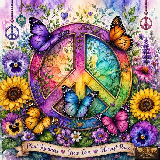 Colorful watercolor peace sign surrounded by butterflies, sunflowers, and purple flowers with inspirational text