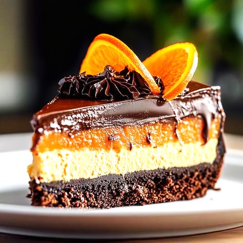 Slice of chocolate orange cake with ganache and orange slices on a white plate