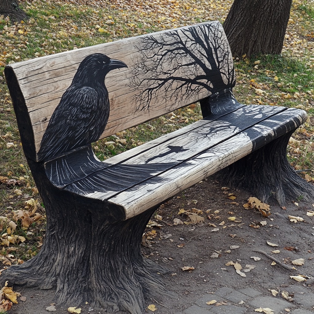 Wooden park bench with detailed black raven carved and painted on backrest and seat