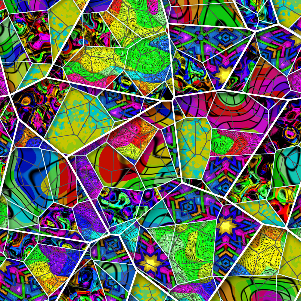 Vibrant abstract mosaic with geometric shapes in rainbow colors separated by white lines