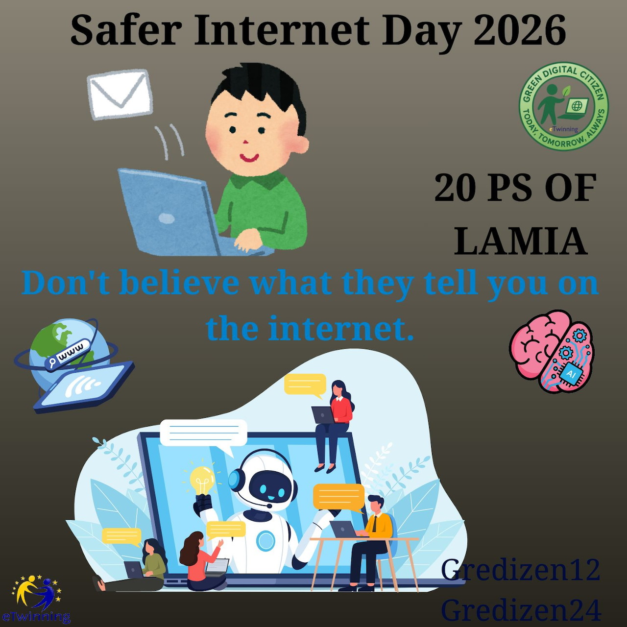 Illustrated internet safety poster with a boy at a laptop, warning text, and digital icons