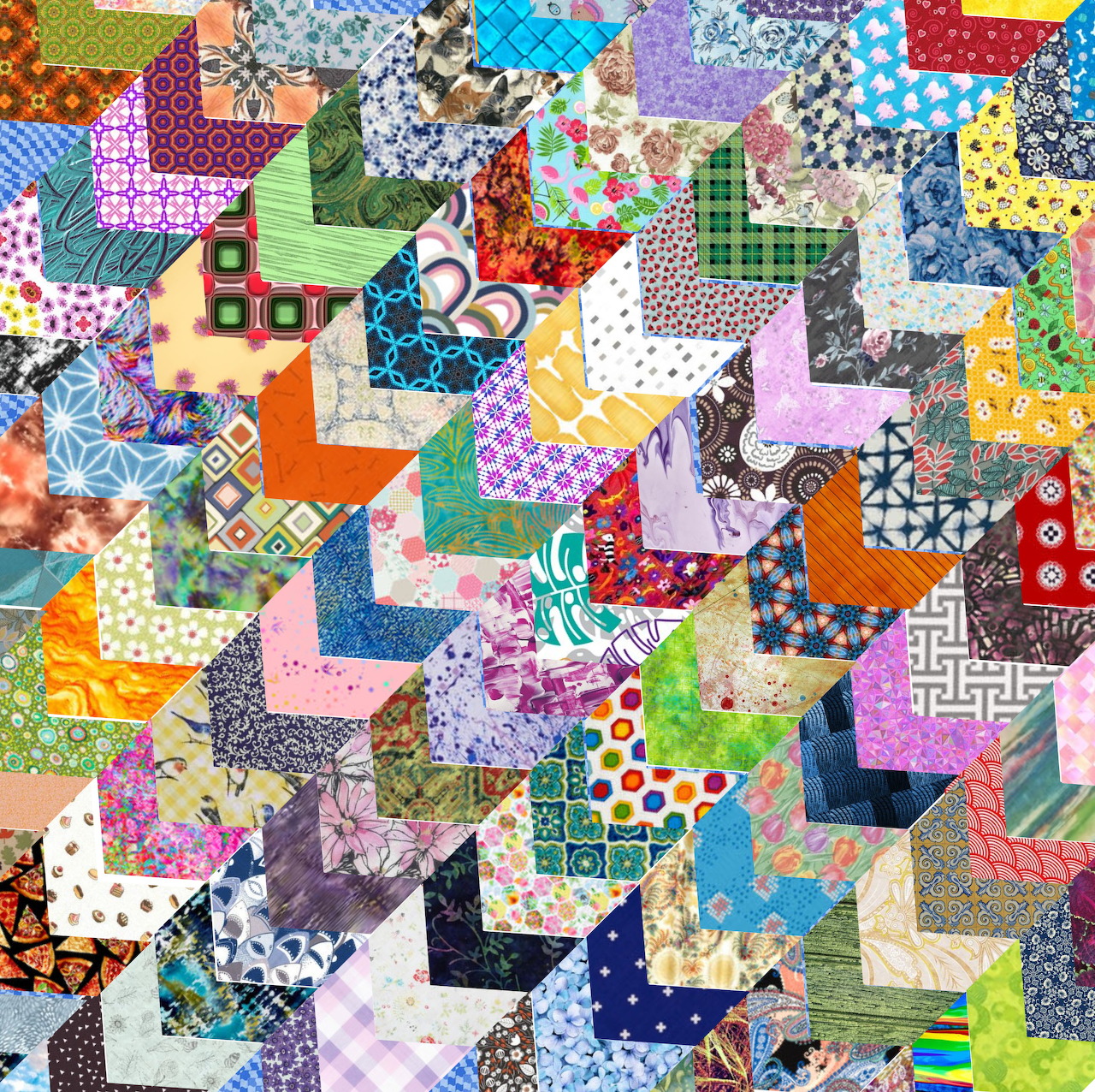Colorful patchwork quilt with geometric triangular pieces in various patterns and bright colors