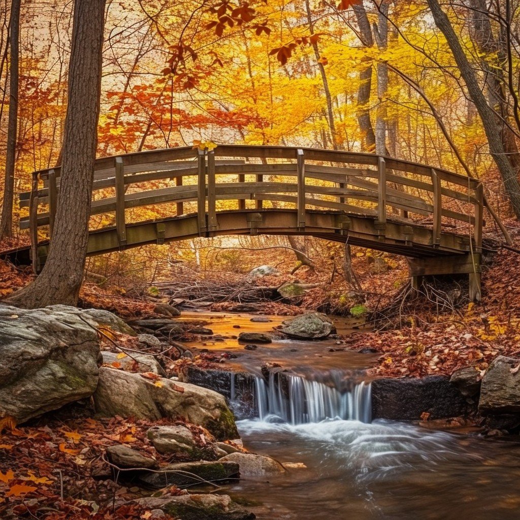 Wooden bridge crossing forest stream with waterfall surrounded by autumn trees with golden leaves
