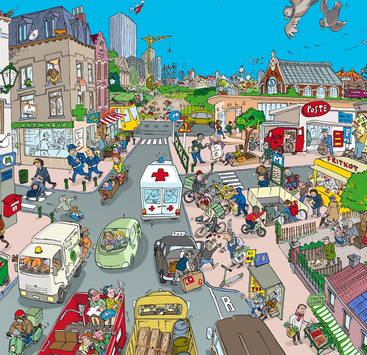 Colorful cartoon scene of busy neighborhood with train station, cars, pedestrians, and various buildings