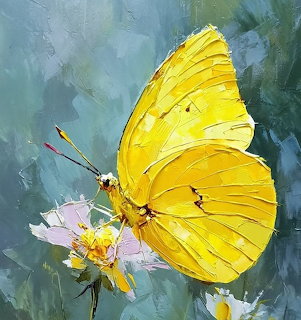 Yellow butterfly with detailed wings resting on a pink flower in an impressionistic painting style