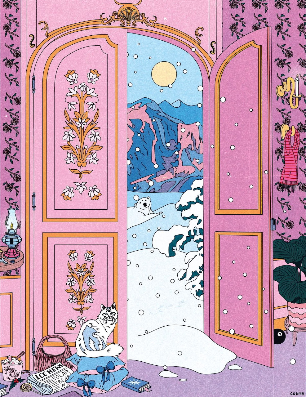Ornate pink doors with gold trim opening to coastal view, floral wallpaper, decorative vase in foreground