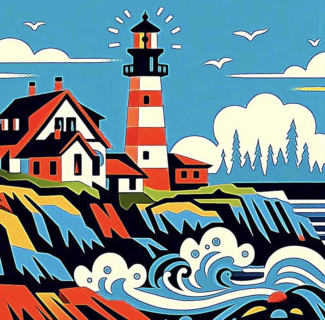 Colorful cartoon lighthouse and seaside house on cliffs above stylized ocean waves