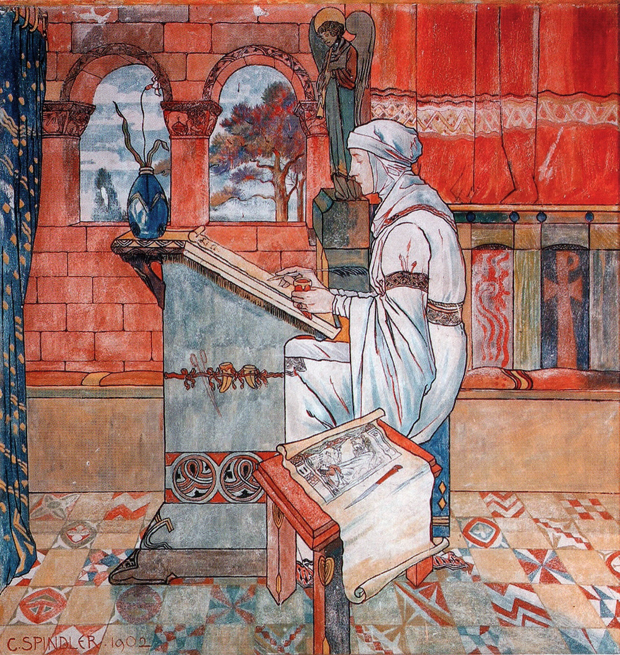 Medieval nun in white robes writing at desk in red-walled scriptorium with arched windows